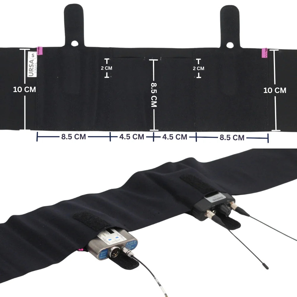 Black double pouch waist strap size diagram with cable pass-through area