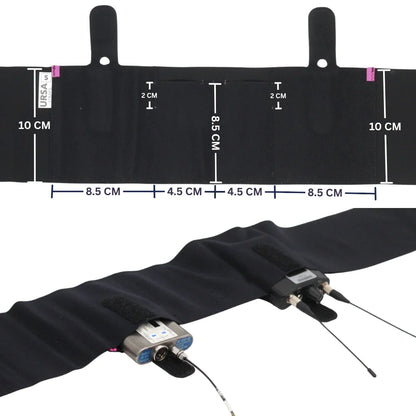 Black double pouch waist strap size diagram with cable pass-through area
