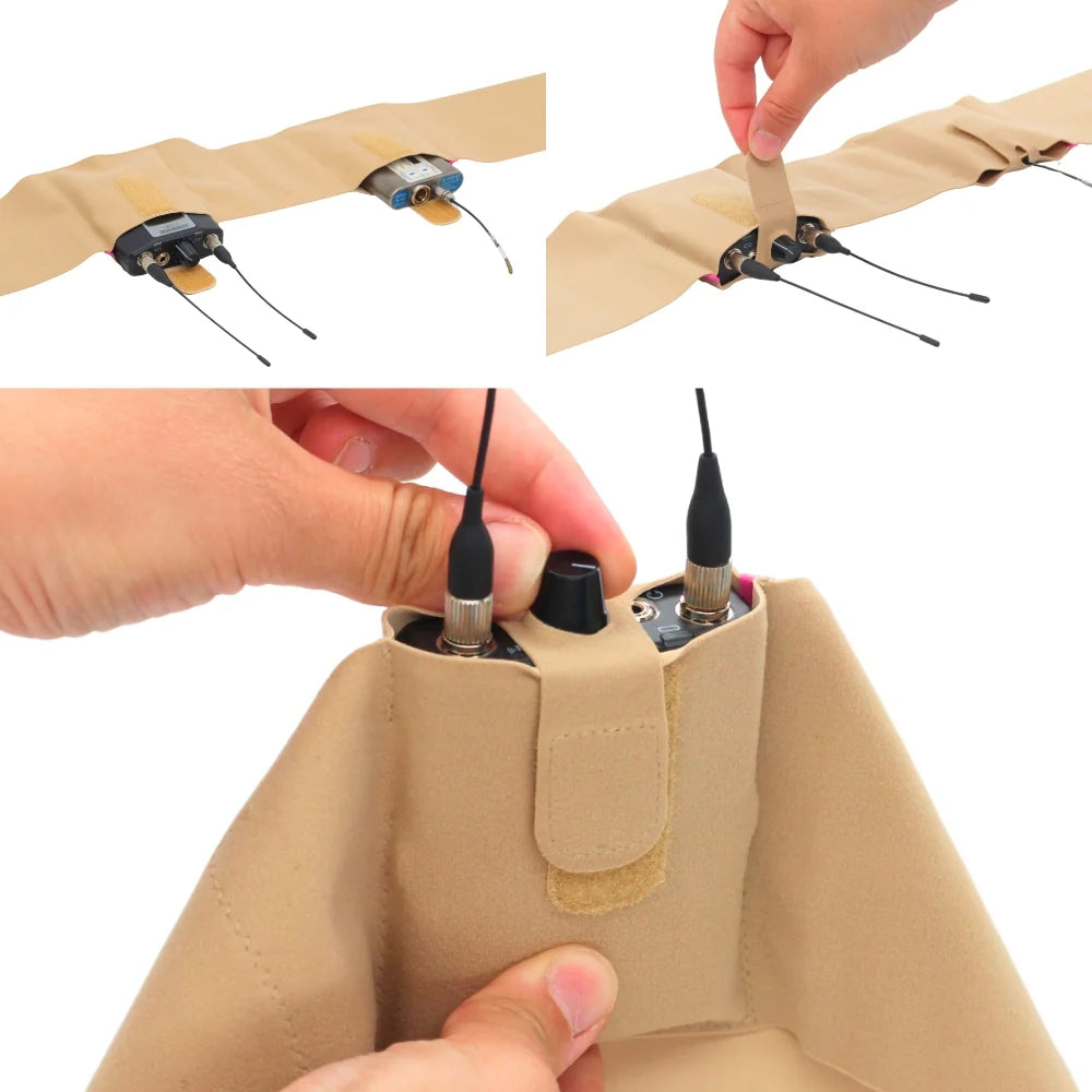 Beige double pouch waist strap close-up with transmitter cables inside and routed out