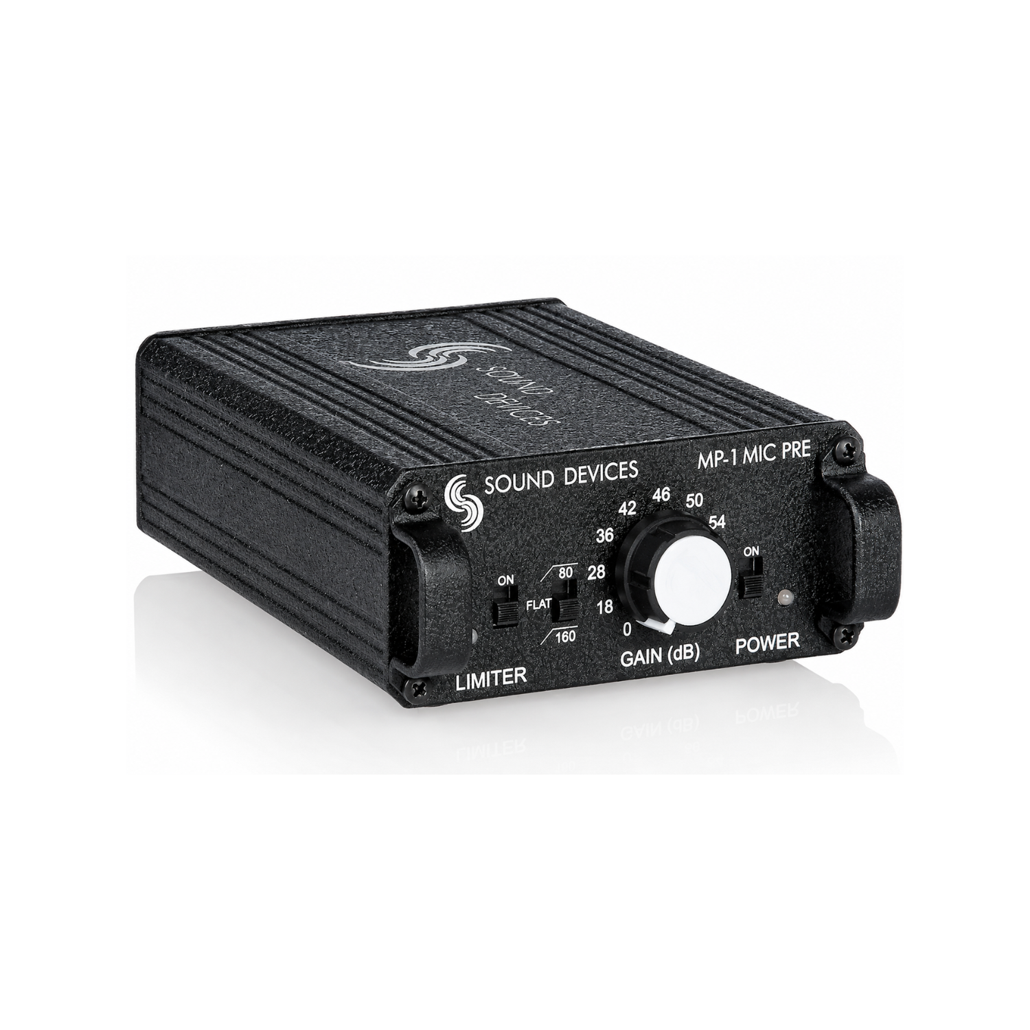 MP-1 mic preamp in black enclosure, side view with gain knob and limiter switch