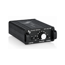 MP-1 mic preamp in black enclosure, side view with gain knob and limiter switch