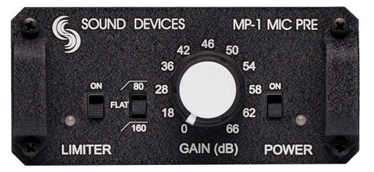 MP-1 mic preamp front panel with gain knob, limiter switch and power controls