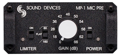 MP-1 mic preamp front panel with gain knob, limiter switch and power controls