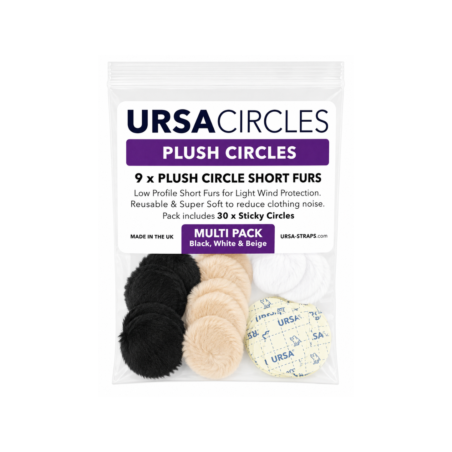 Plush circle short-fur wind protection pack with beige, black, and white circles and sticks
