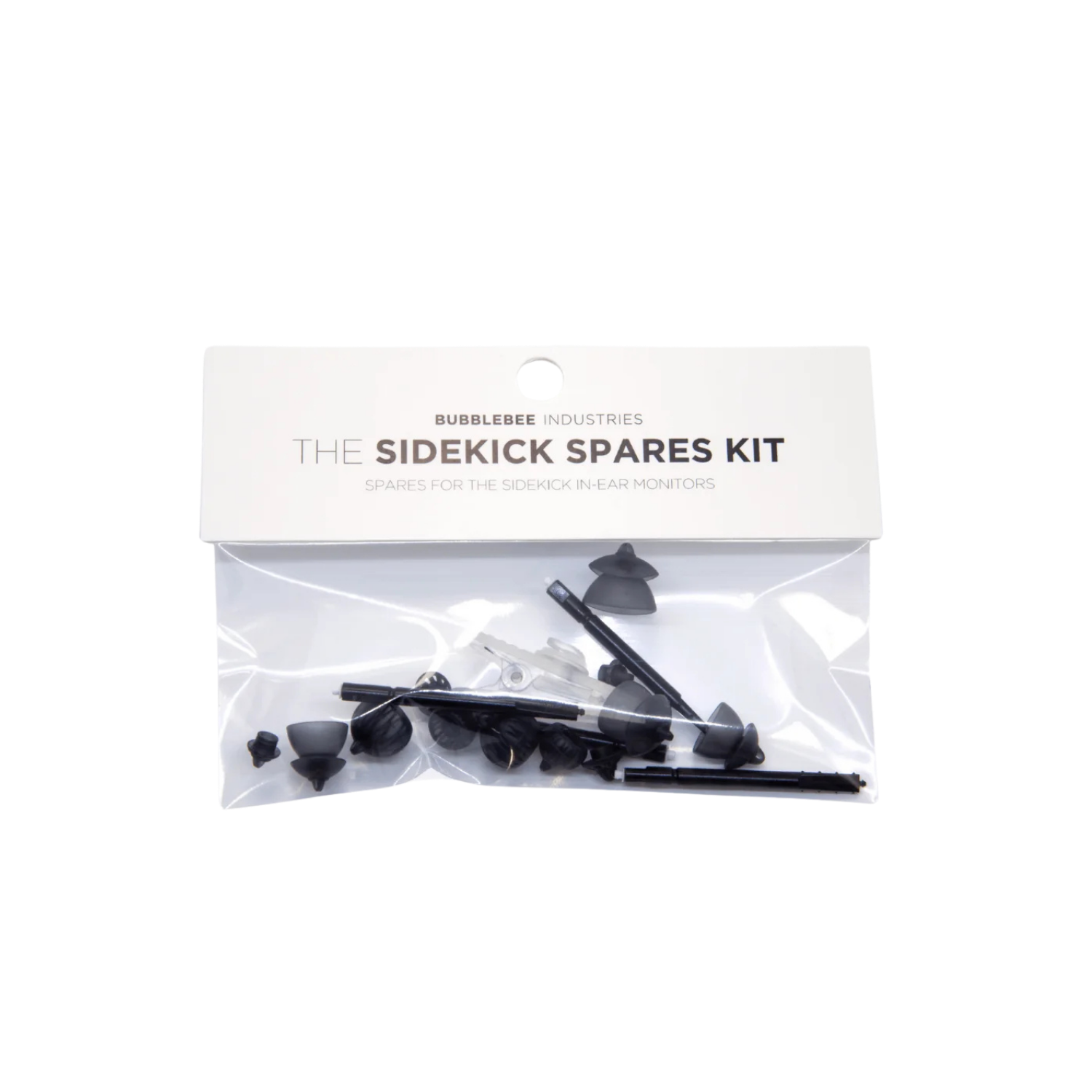 Sidekick spares kit with black ear-monitor tips and parts in sealed pack