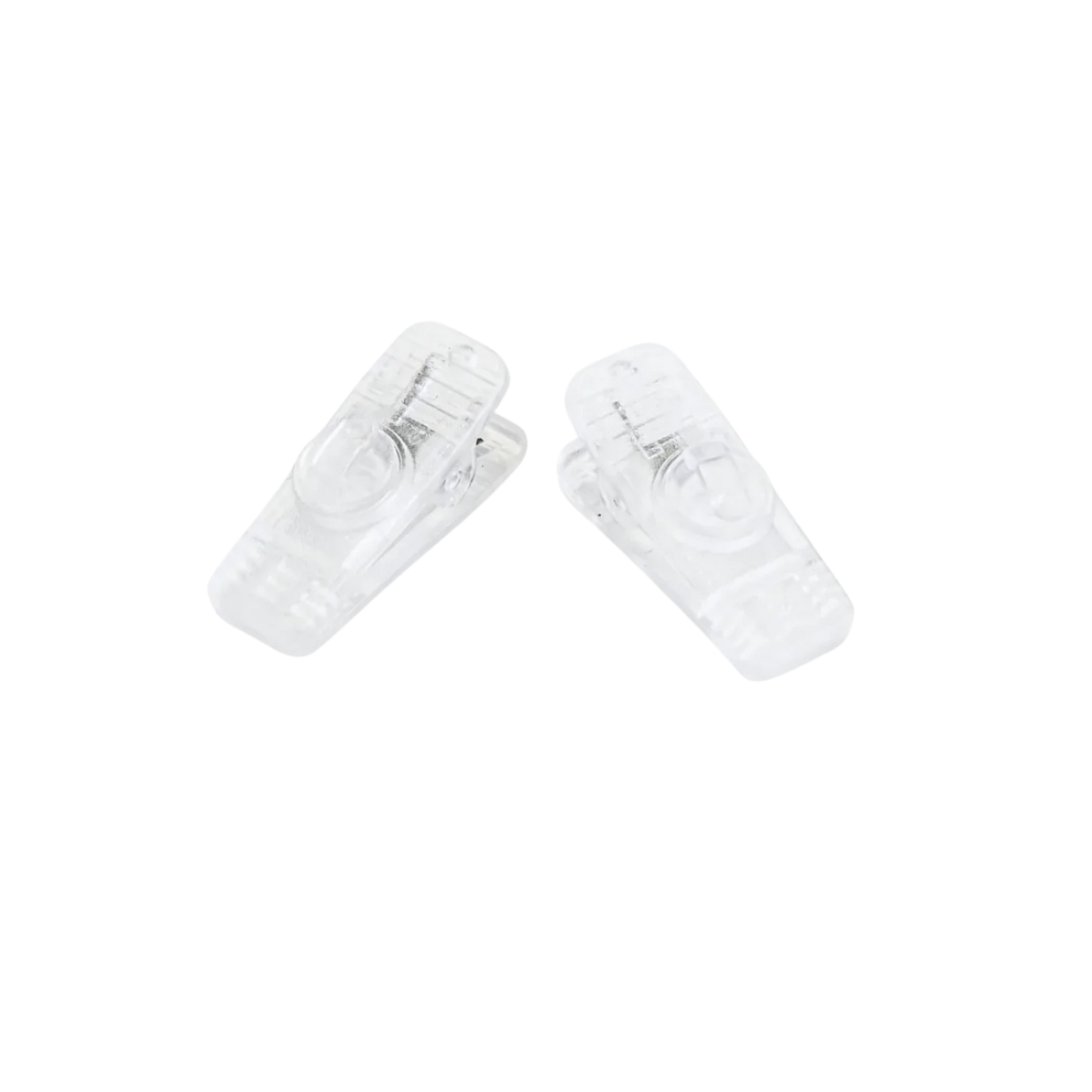 Set of two clear alligator-style clothing clips with hinged spring clamps