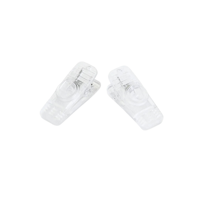 Set of two clear alligator-style clothing clips with hinged spring clamps