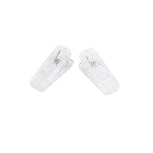 Set of two clear alligator-style clothing clips with hinged spring clamps