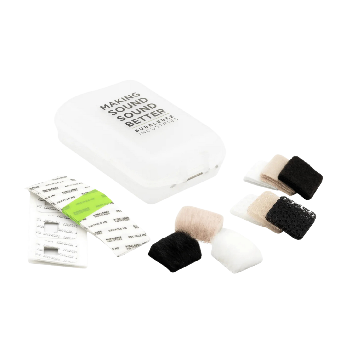 Mic hiding starter kit set with foam pads, adhesive strips, and carrying case