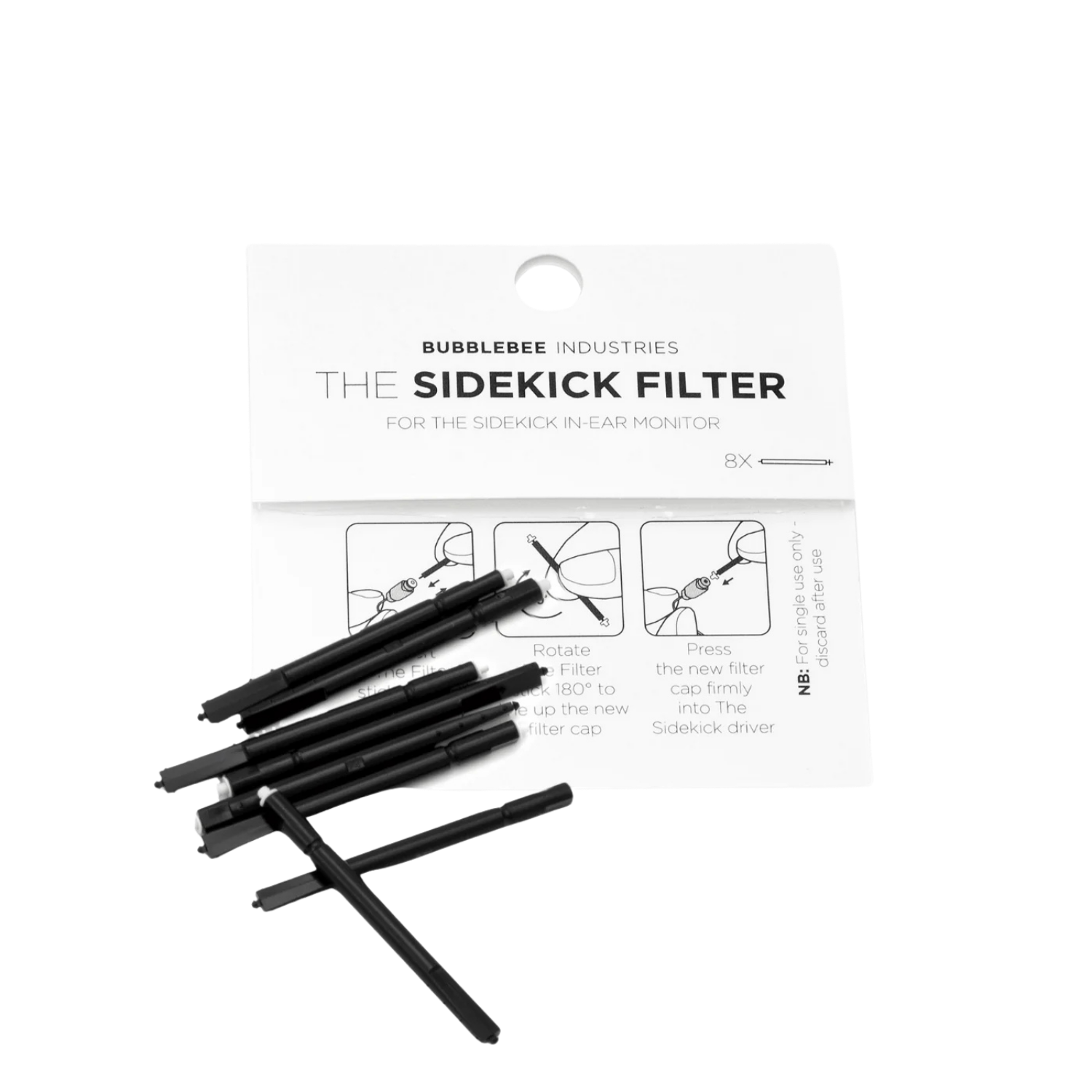 Boxed 8-pack of in-ear monitor replacement filters, black with white tips