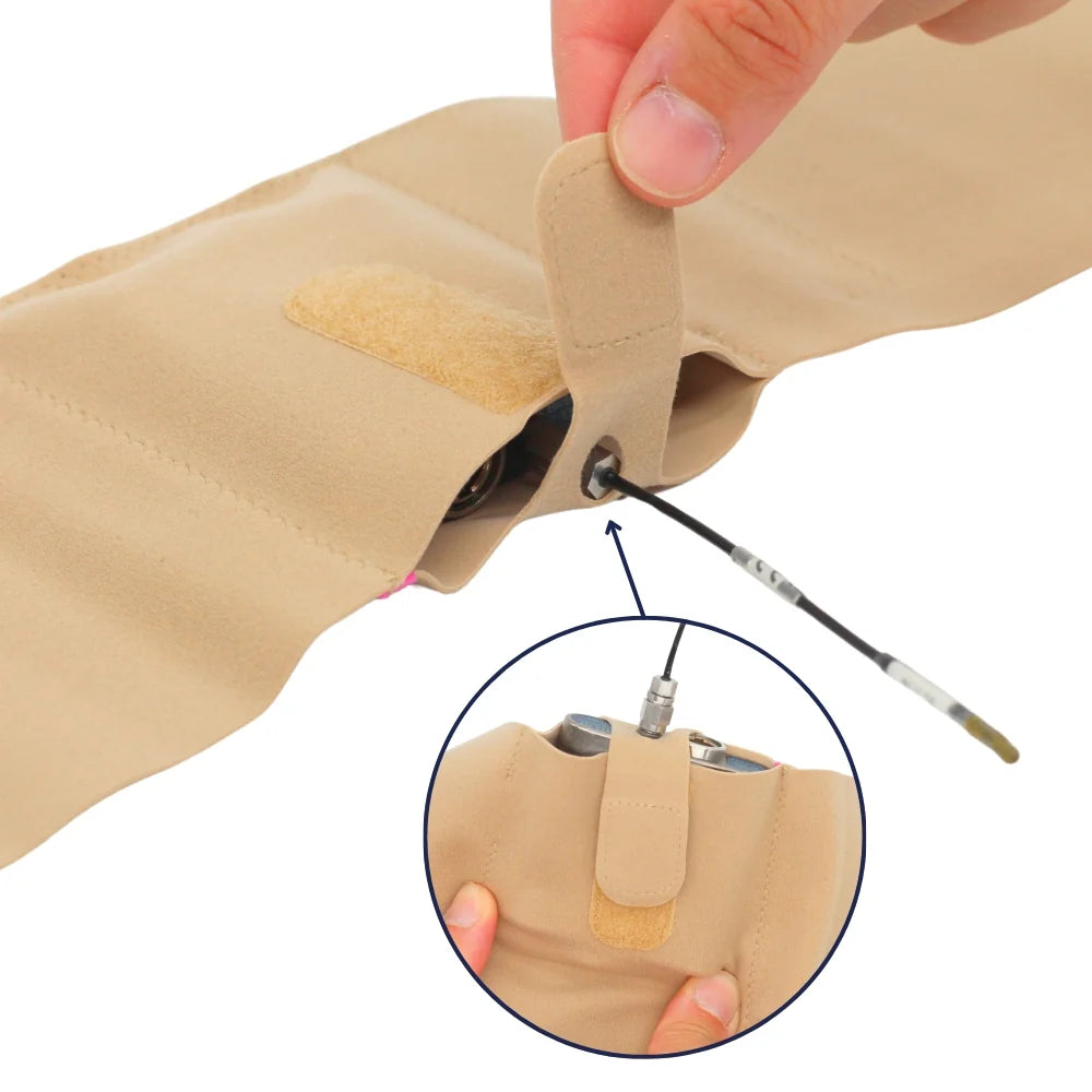 Beige Live Strap single pouch attachment detail with hand and metal snap