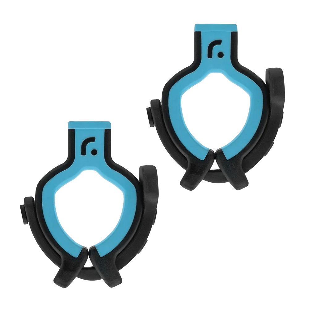 Two blue shock mounts with black grips and circular threaded bases