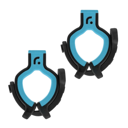 Two blue shock mounts with black grips and circular threaded bases
