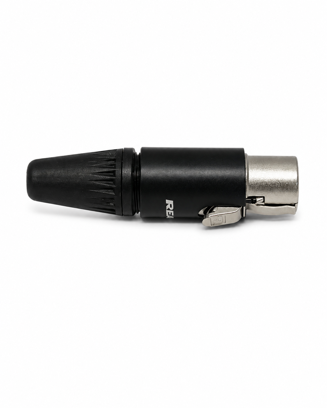Black and silver audio connector plug with cable strain relief sleeve