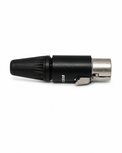 Black and silver audio connector plug with cable strain relief sleeve