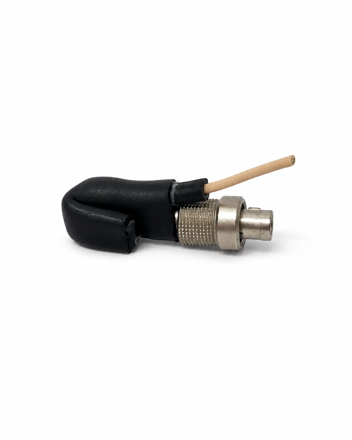 Black cable end with silver connector housing and exposed beige wire