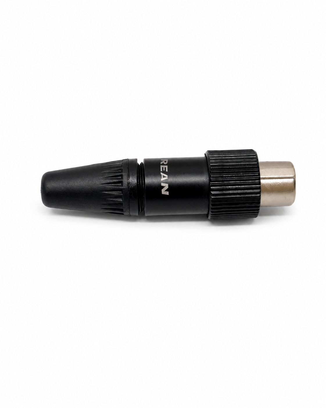 Black and silver audio connector plug with textured metal collar