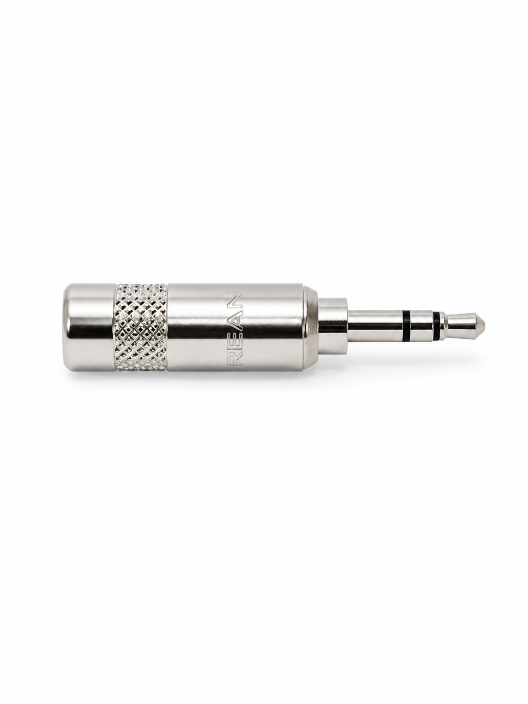 Silver audio connector plug with textured grip sleeve and metal tip