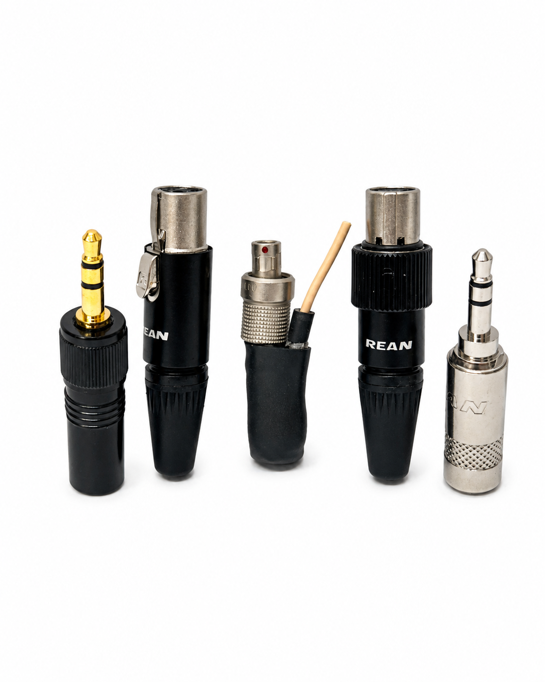 Assorted audio connector plugs and adapter ends in black and silver