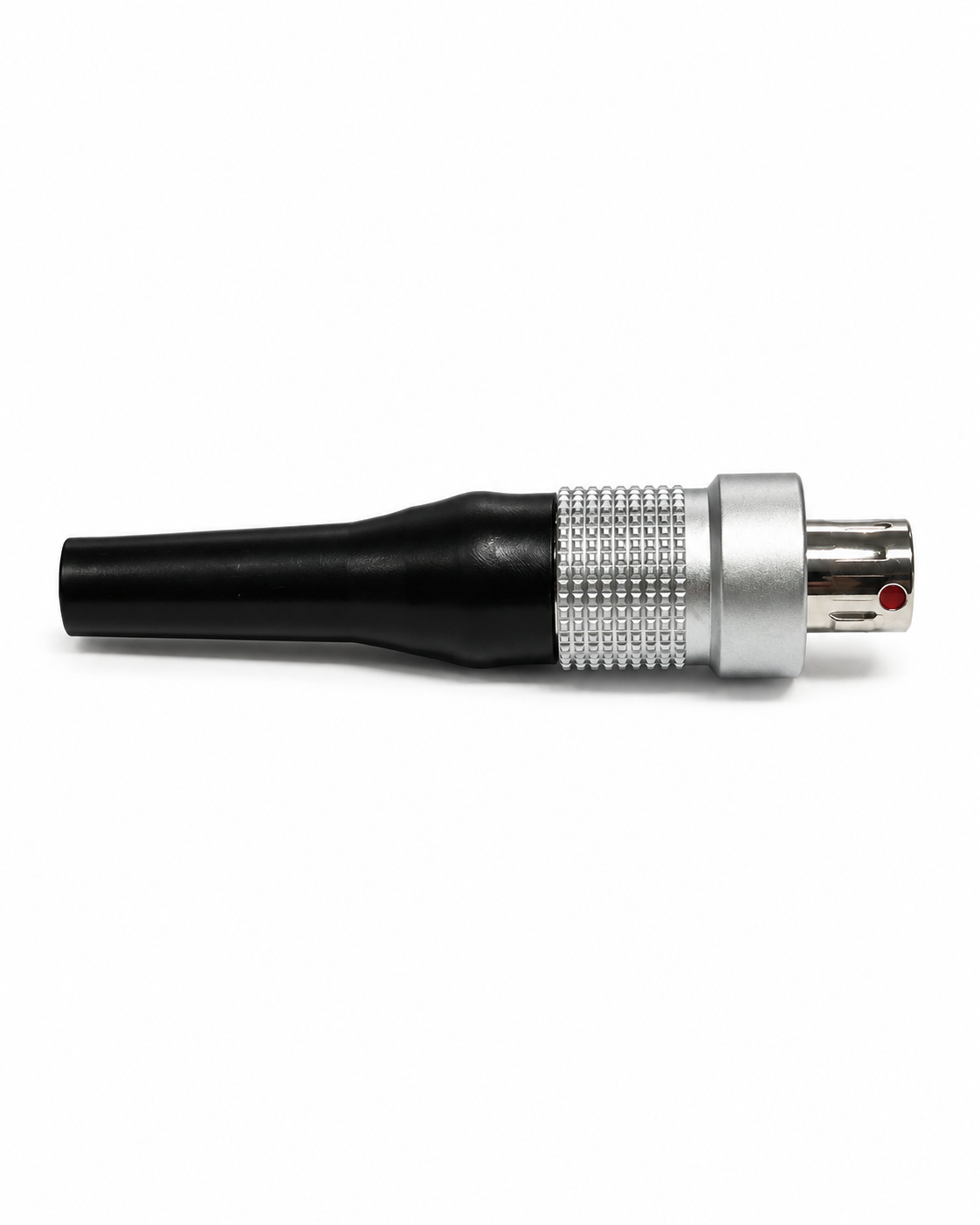Black and silver audio connector plug with red indicator near metal contacts