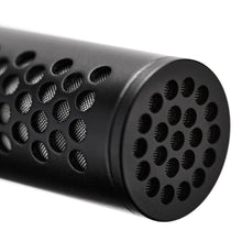 Black shotgun microphone front grille with circular perforations