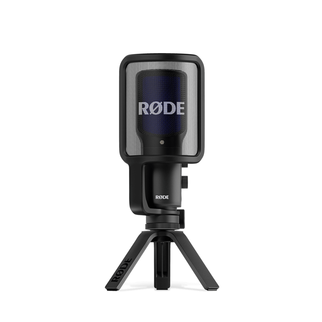 RØDE NT-USB+ front view on included desktop tripod