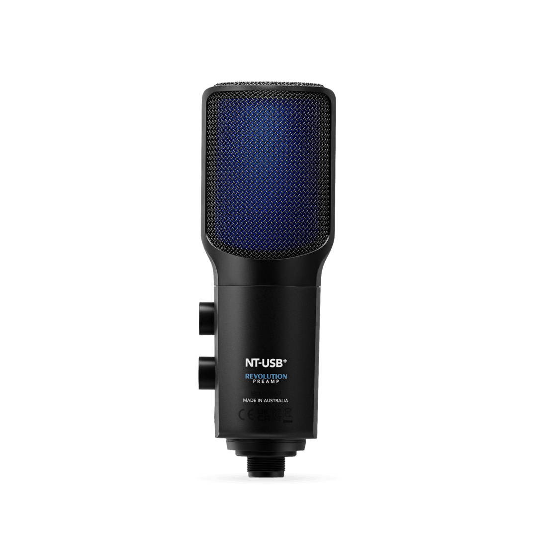 RØDE NT-USB+ rear view showing Revolution Preamp branding and controls