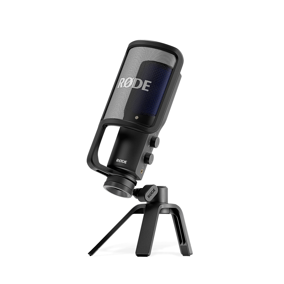 RØDE NT-USB+ professional USB condenser microphone on desktop tripod