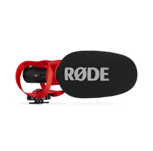 RØDE VideoMic GO II directional microphone with red shock mount and foam windscreen