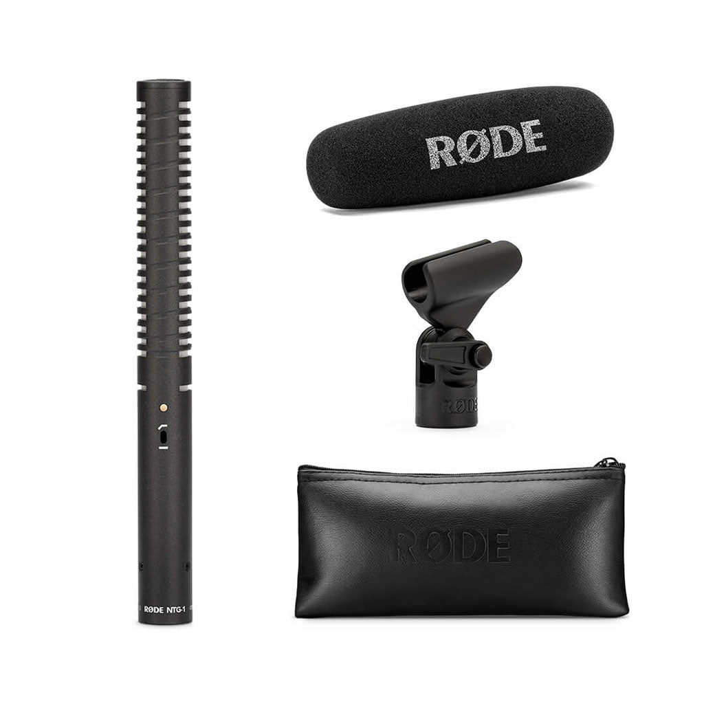 RØDE NTG1 shotgun microphone kit with windscreen, shock mount, and zip pouch