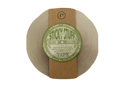 1 in adhesive tape roll with tan backing and branded green label