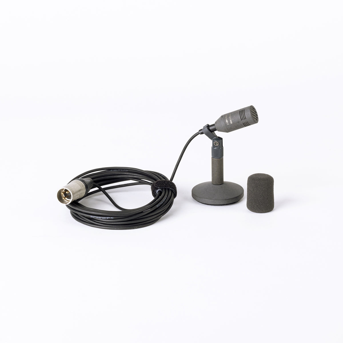 Compact cardioid microphone with cable, stand base, and black foam windscreen