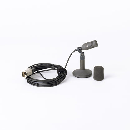 Compact cardioid microphone with cable, stand base, and black foam windscreen