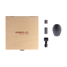 Schoeps mono microphone set with wooden case, foam windscreen, and capsule parts