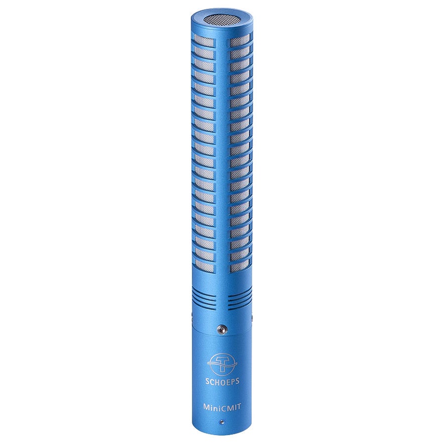 Blue standing miniature shotgun microphone with grille top and logo label