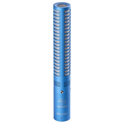 Blue standing miniature shotgun microphone with grille top and logo label