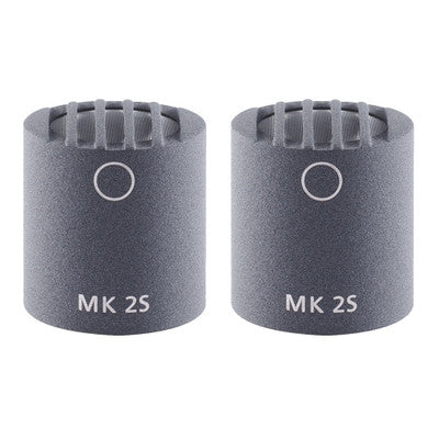 Two Schoeps MK 2S omnidirectional microphone capsules side by side in gray foam