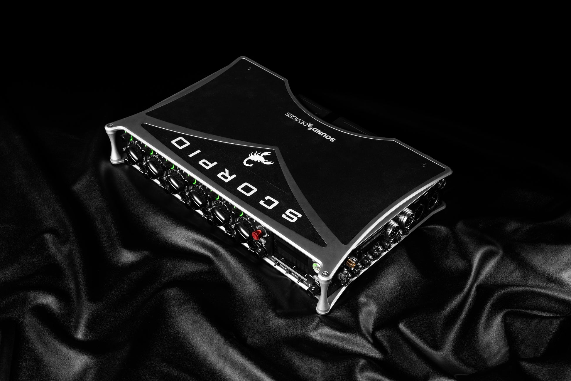 Sound Devices Scorpio audio unit angled view with “SCORPIO” and “Sound Devices”