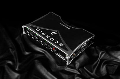 Sound Devices Scorpio audio unit angled view with “SCORPIO” and “Sound Devices”
