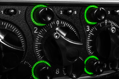 Sound Devices Scorpio audio mixer knobs with bright green LED rings