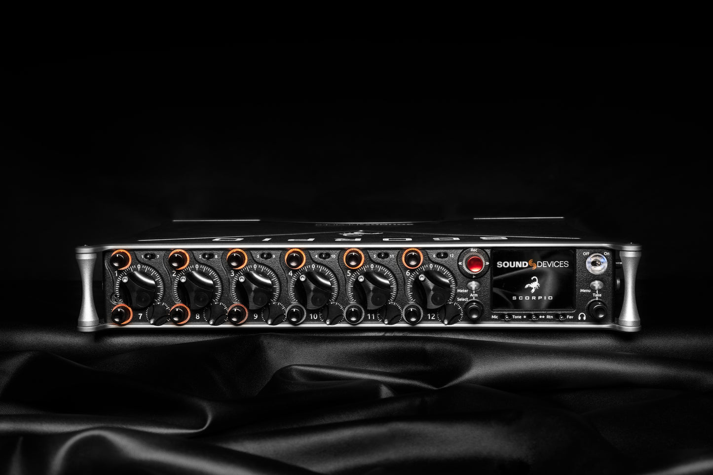 Sound Devices Scorpio audio unit front panel with multiple knobs and indicator lights