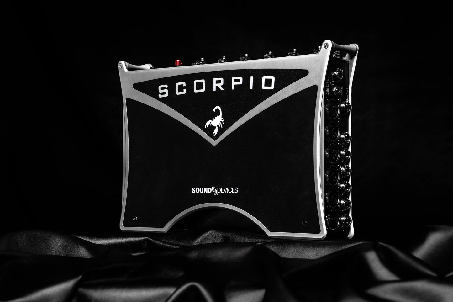 Sound Devices Scorpio audio unit front face with “SCORPIO” and status text