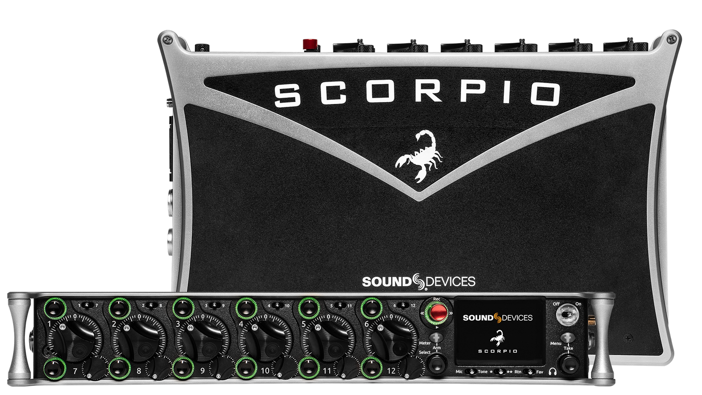 Audio interface front and rear panels with knobs, ports, and Scorpio branding