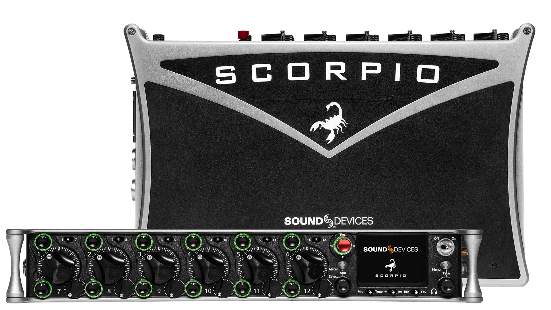 Audio interface front and rear panels with knobs, ports, and Scorpio branding