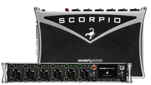 Audio interface front and rear panels with knobs, ports, and Scorpio branding