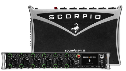 Audio interface front and rear panels with knobs, ports, and Scorpio branding