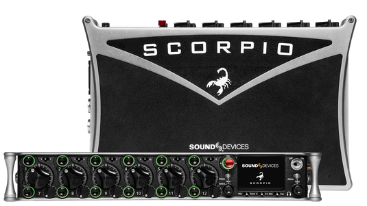 Audio interface front and rear panels with knobs, ports, and Scorpio branding
