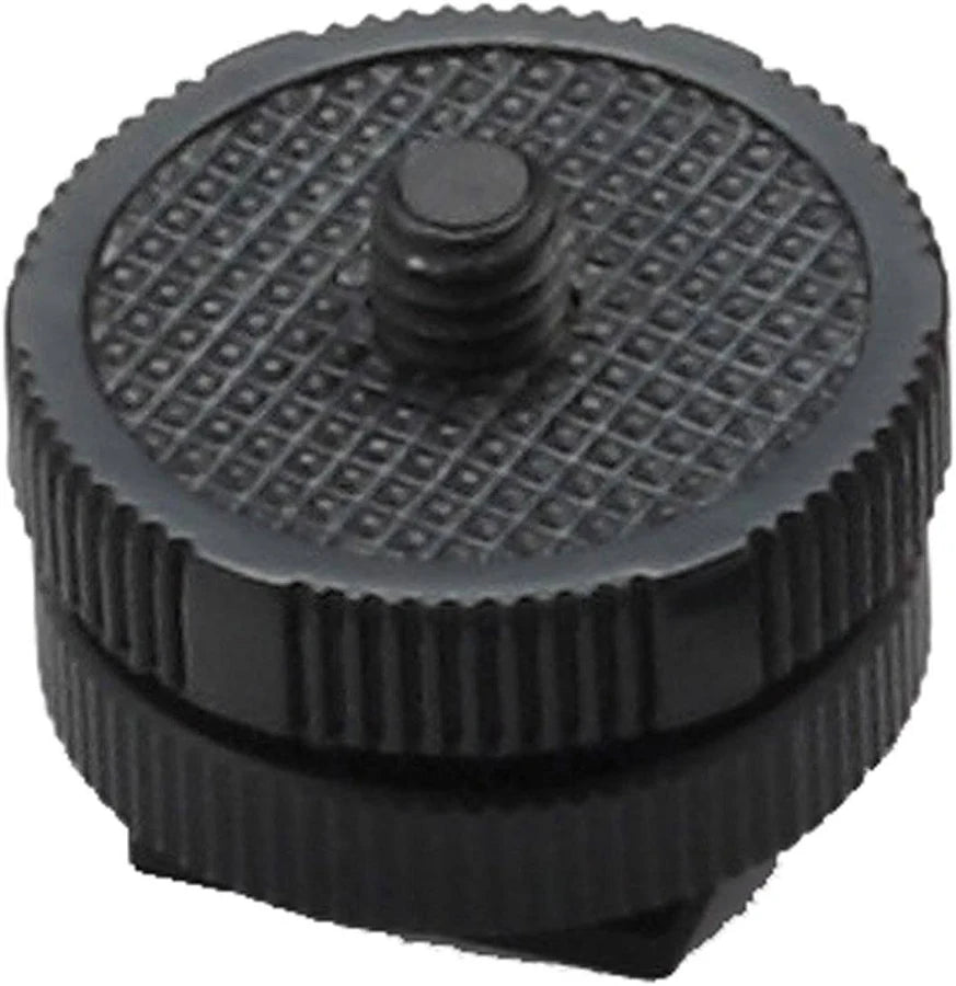 Black hot shoe mount adapter with knurled grip and center screw