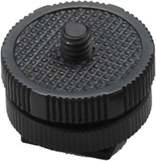 Black hot shoe mount adapter with knurled grip and center screw