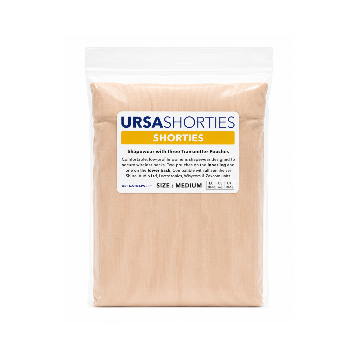 Beige shapewear shorts in sealed retail pouch package